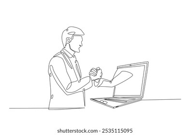 Hombres de negocios apretando la mano con el cuaderno en el dibujo continuo de una línea. Ilustración de arte lineal simple del concepto de Acuerdo de negocios en línea. Vector editable.