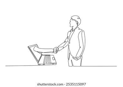 Hombres de negocios apretando la mano con el cuaderno en el dibujo continuo de una línea. Ilustración de arte lineal simple del concepto de Acuerdo de negocios en línea. Vector editable.