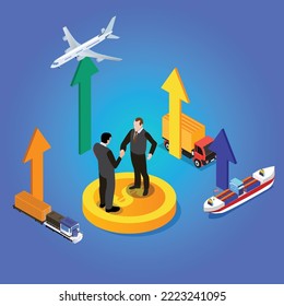 Businessmen handshaking on export import deal isometric 3d vector illustration concept for banner, website, illustration, landing page, flyer, etc.
