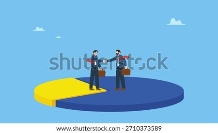 Businessmen handshaking on pie chart to share profit together. Shareholder or stakeholders, sharing benefit or merger and acquisition, partnership or collaboration, marketshare or agreement.