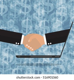 Businessmen handshaking from online computer after good deal on dollar sign background. Vector illustration business online network concept.