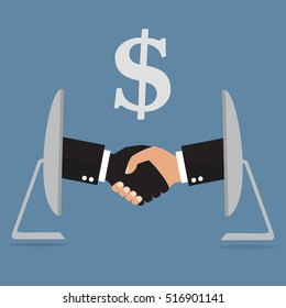 Businessmen handshaking from online computer after good deal with dollar sign. Vector illustration business online network concept.