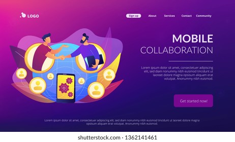Businessmen handshaking through smartphone. Mobile collaboration, collaborative tools and mobile teamwork, mobile and innovative networking concept. Website vibrant violet landing web page template.