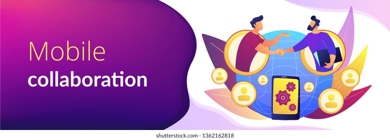 Businessmen handshaking through smartphone. Mobile collaboration, collaborative tools and mobile teamwork, mobile and innovative networking concept. Header or footer banner template with copy space.
