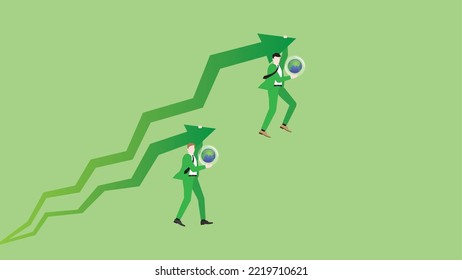 Businessmen hang a rising arrow with the earth. Concept of ESG economic competition, against competitors, green business policy, growth, net zero carbon emission, save the world, and global warming.