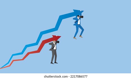 Businessmen hang a rising arrow with telescopes. Concept of economic competition, against competitors, career opportunity, market prediction, forecast, profit, growth, wealth, vision, and mission.