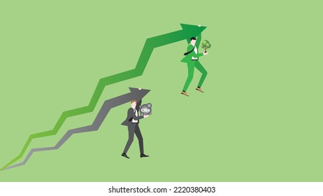 Businessmen hang rising arrow with tree planting and CO2e gas. Concept of ESG economic competition. Advantage leader of green business policy against competitor with carbon dioxide net zero emission.