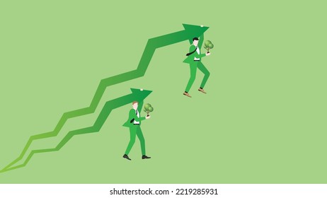 Businessmen hang a rising arrow with trees. Concept of ESG economic competition, against competitors, green business policy, growth, zero carbon emission, planting a forest, and global warming reduce.