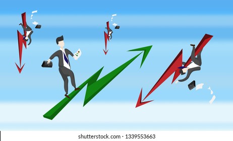 Businessmen are happy with the stock. Green arrow With the other side of the businessmen who are stressed and the stock falls, with an arrow pointing down in red. Illustrations - vector