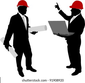 businessmen with hardhat holding plans and laptop