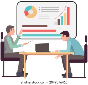 Businessmen have project strategy planning meeting. Teamwork with statistics analysis, discussion new project. Colleagues discussing work with business data. Successful project planning and analysing