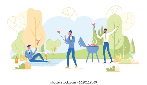 Businessmen Having Bbq Relaxation Outdoors Eating Sausages and Drinking Beer with Colleagues at Summer Time after Work or on Weekend. Corporate Culture and Relations Cartoon Flat Vector Illustration