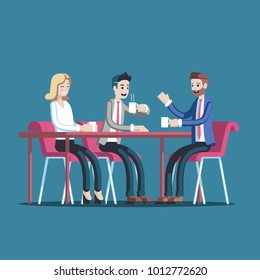 Businessmen having coffee break vector flat illustration. Group of business people sitting at a table drinking coffee or tea and talking to each other. Lunch break or an informal conference