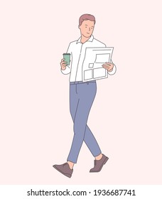 Hombres de negocios con el concepto de vector de pausa de café. Empresario tomando café caliente y leyendo el periódico. Ilustración vectorial plana