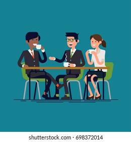 Businessmen having coffee break vector concept illustration in flat design. Business people or colleagues sitting together and drinking coffee or tea having nice chat. Informal table conversation