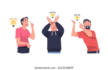 Businessmen having ideas set. People with light bulbs over head set. Brainstorming, creativity and solution cartoon vector illustration