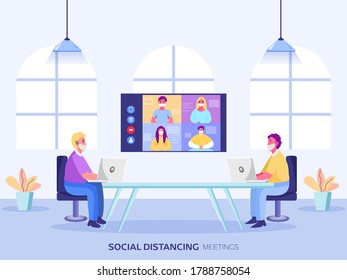 Businessmen Having Online Meeting With His Team At Workplace For Maintaining Social Distance.