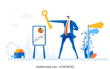 Businessmen having a presentation, talking about growth and potential success,  analysing data, and holding golden key up as symbol of success, concept illustration 