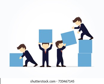 Businessmen help each other moving boxes with collaboration and teamwork concept.