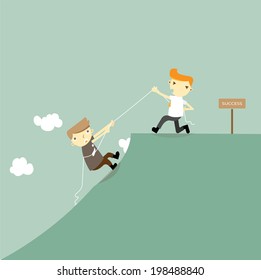Businessmen help friends on the cliff to the success.