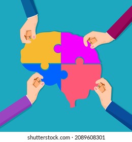 Businessmen help to solve brain puzzles. Helping to solve problems