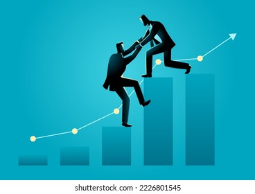 Businessmen helping his friend climbing the chart, teamwork, partnership in business concept