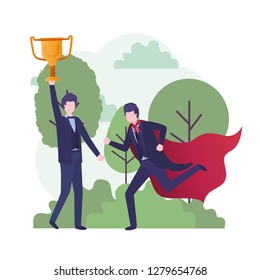 businessmen with hero coat and trophy