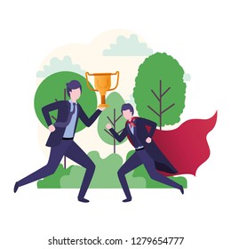 businessmen with hero coat and trophy