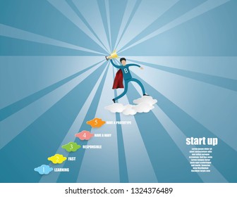Businessmen hero walking up the clouds with steps. Step up and overcome obstacle concept,paper craft  and illustration.