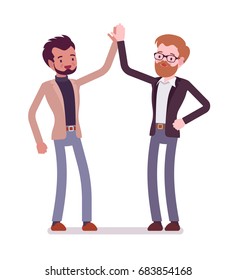 Businessmen highfive gesture. Friends building a connection, showing enthusiasm. Formal manners and greeting etiquette concept. Vector flat style cartoon illustration, isolated, white background