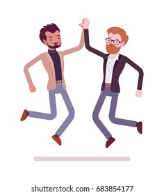 Businessmen highfive jumping. Celebrating a deal, project success, nonverbal communication and body language. Formal manners concept. Vector flat style cartoon illustration, isolated, white background