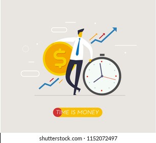 Businessmen hold a huge dollar coin relies on clock. Way to success, exchange rate. Business concept. Vector eps10.