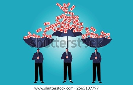 businessmen hold umbrellas to block falling money but fall into other people's umbrellas
