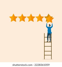 Businessmen holding 5 stars climb the ladder to get the best rating. customer feedback or credit score, 5 star rating review high quality and good business reputation, evaluation rating concept.