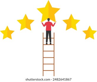 Businessmen holding 5 stars climb the ladder to get the best rating. customer feedback or credit score, 5-star rating review high quality and good business reputation, evaluation rating concept.