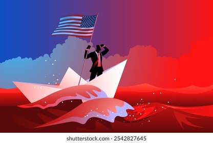 Geschäftsleute, die die amerikanische Flagge hielten und in die Ferne blickten, während sie auf einem Papierboot über ein rotes Meer fuhren.