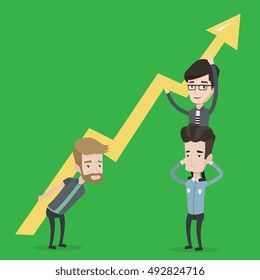 Businessmen holding arrow going up. Business people with growth graph. Business team holding zigzag arrow. Concept of partnership, success in business. Vector flat design illustration. Square layout.