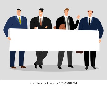 Businessmen holding banner. Group of male activists vector illustration. Businessman with banner or poster