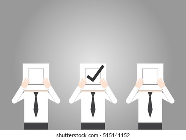 businessmen are holding a check boxes, a concept of decision making process. choosing people. select to promote. find right answer. career opportunity.