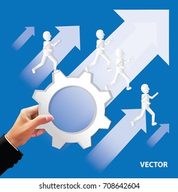 Businessmen holding cog in their hand. Someone was running along the white arrows placed on a blue background. vector illustration