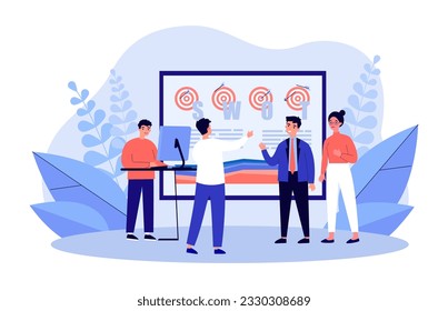 Businessmen holding conference vector illustration. People analyzing finances and resources, setting goals, doing market research. Business strategy and development, financial analysis concept