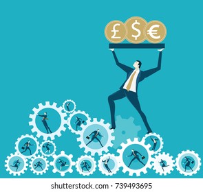 Businessmen  holding up the currency symbols and climbing up on the pyramid made of gears with hard working people inside. The way towards the success. Concept innlustration 