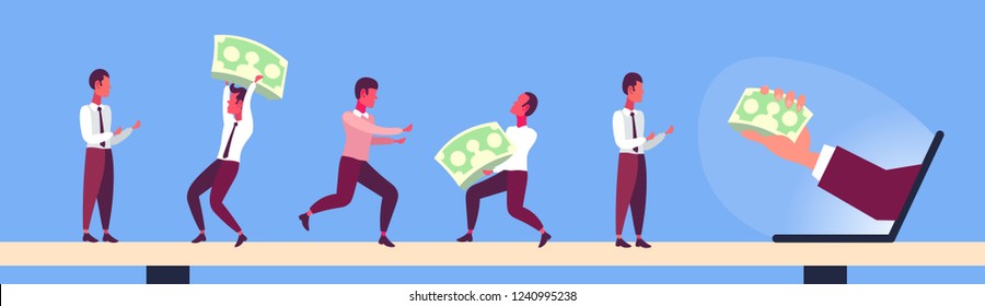 businessmen holding dollar banknotes from laptop monitor screen online income crowdfunding concept business people teamwork concept horizontal banner flat