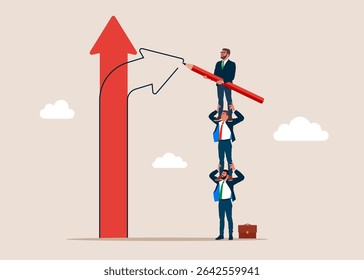 Businessmen holding each other on their shoulders. Decision to change to better opportunity. Businessmen draw new arrow of change direction. Modern flat vector illustration 