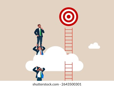 Businessmen holding each other on their shoulders. Businessmen climb without ladder wrong to reach success goal. Flat vector illustration 