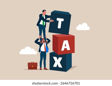 Empresários segurando uns aos outros em seus ombros e cúbicos em pilha com a palavra TAX. Carga ou dívida fiscal para pagar imposto sobre o rendimento, encargo financeiro e obrigação fiscal para pagar impostos, contas ou outros encargos.