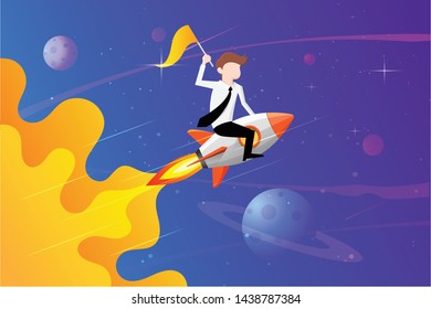 Businessmen holding a flag sitting on a rocket ship flying through the starry sky. Start the business concept