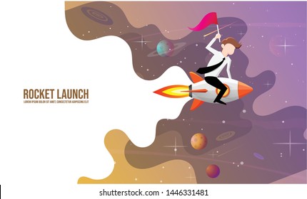 Businessmen holding a flag sitting on a rocket ship flying through the starry sky. Start the business concept