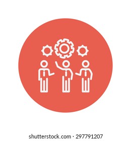 Geschäftsleute, die eine Maschine mit einem dünnen Linie Symbol für Web-und mobile minimalistische flache Design. Vektorweißes Symbol im roten Kreis.