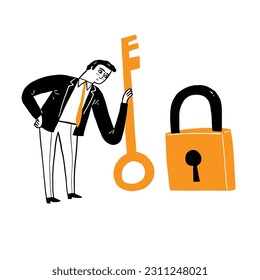 Businessmen holding golden key to unlock the lock business cooperation success leadership concept. Hand drawn vector illustration doodle style.